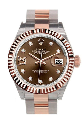 Rolex Datejust 28 Chocolate 9 Diamonds Set In Star Dial Fluted Bezel Oyster Ladies Watch 279171