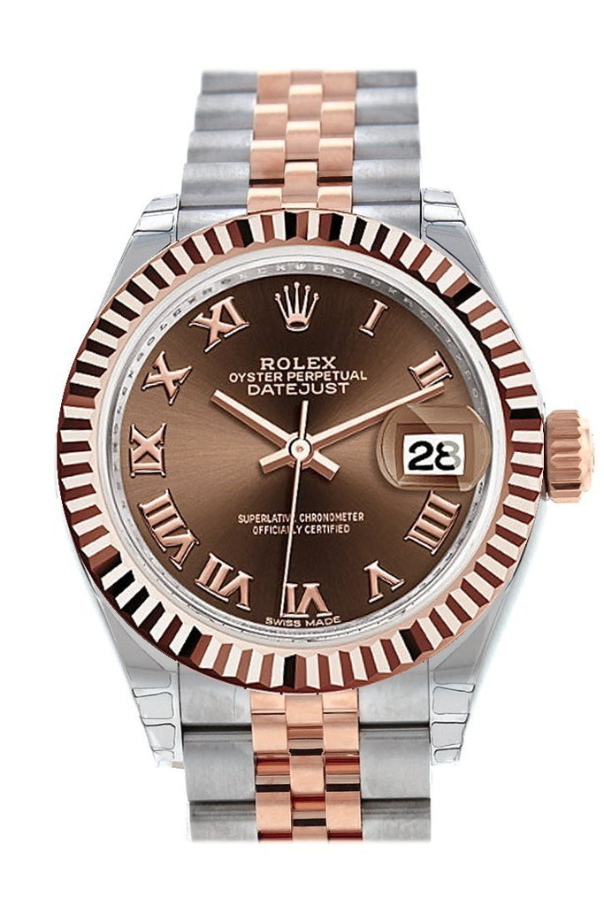 Rolex Datejust 28 Chocolate Roman Dial Fluted Bezel Jubilee Ladies Watch 279171