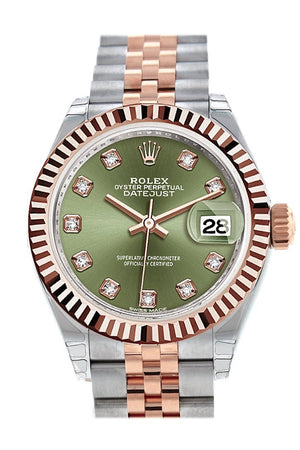 Rolex Datejust 28 Olive Green Diamond Dial Fluted Bezel Jubilee Ladies Watch 279171