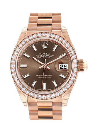 Rolex Datejust 28 Chocolate Dial Diamond Bezel Rose Gold President Ladies Watch 279135Rbr / None