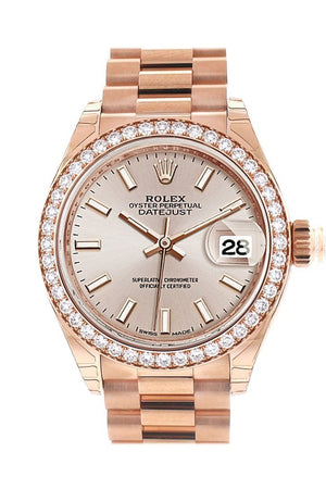 Rolex Datejust 28 Sundust Dial Diamond Bezel Rose Gold President Ladies Watch 279135Rbr