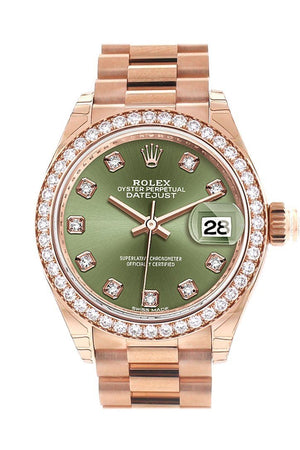 Rolex Datejust 28 Olive Green Diamond Dial Bezel Rose Gold President Ladies Watch 279135Rbr / None