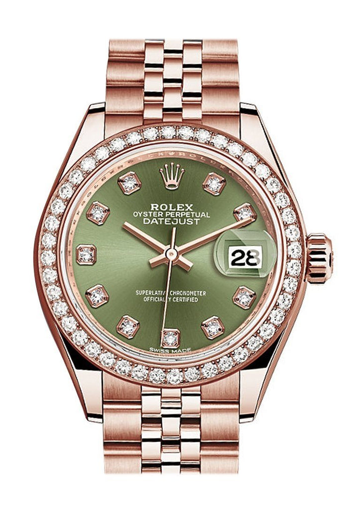 Rolex Datejust 28 Olive Green Diamond Dial Bezel Rose Gold Jubilee Ladies Watch 279135Rbr / None