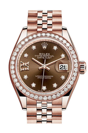 Rolex Datejust 28 Chocolate 9 Diamonds Set In Star Dial Diamond Bezel Rose Gold Jubilee Ladies Watch