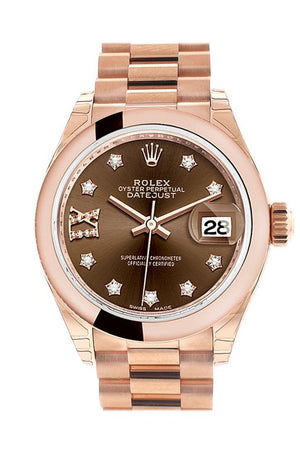Rolex Datejust 28 Chocolate 9 Diamonds Set In Star Dial Rose Gold President Ladies Watch 279165 /