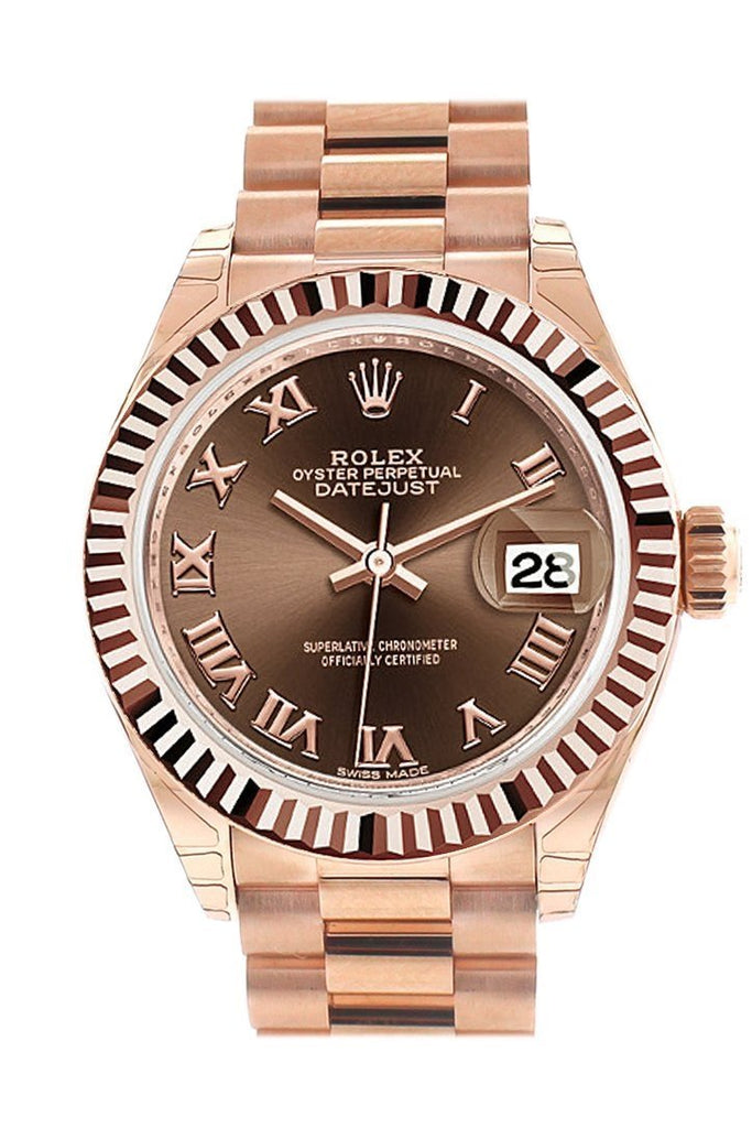Rolex Datejust 28 Chocolate Roman Dial Fluted Bezel Rose Gold President Ladies Watch 279175 / None