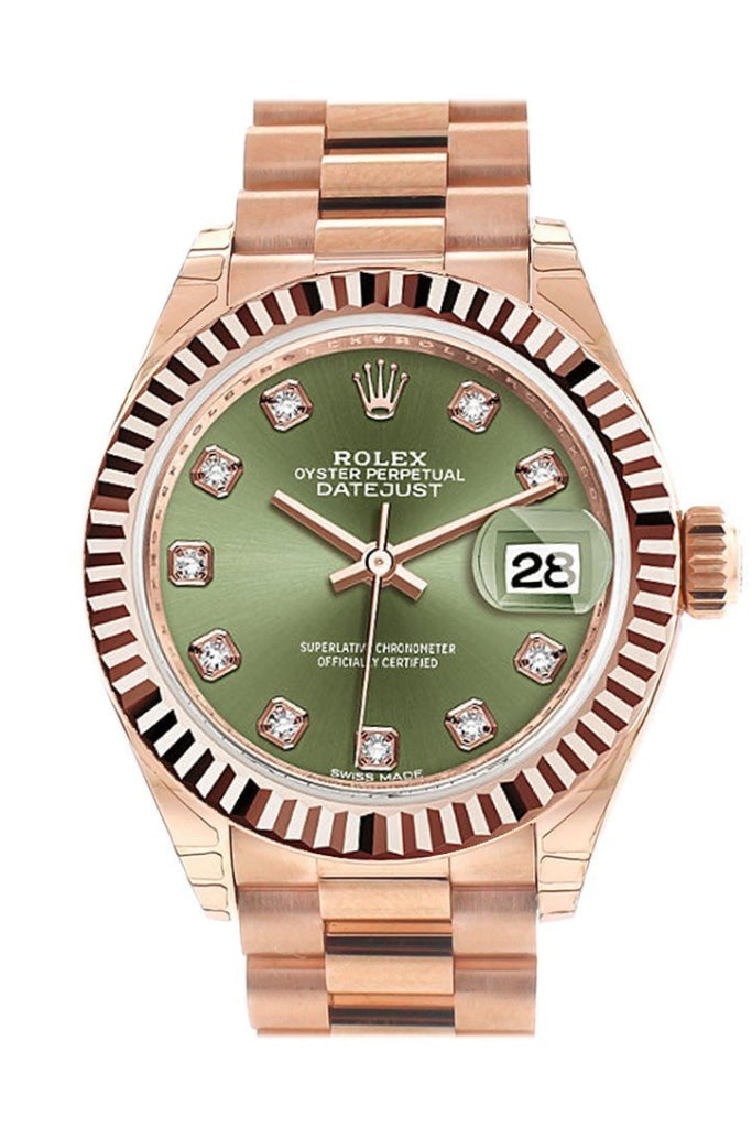 Rolex Datejust 28 Olive Green Diamond Dial Fluted Bezel Rose Gold President Ladies Watch 279175 NP
