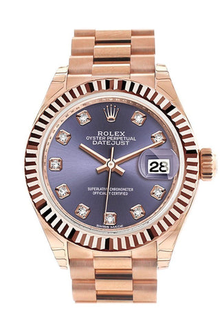 Rolex Datejust 28 Aubergine Diamond Fluted Bezel Dial Rose Gold President Ladies Watch 279175 / None