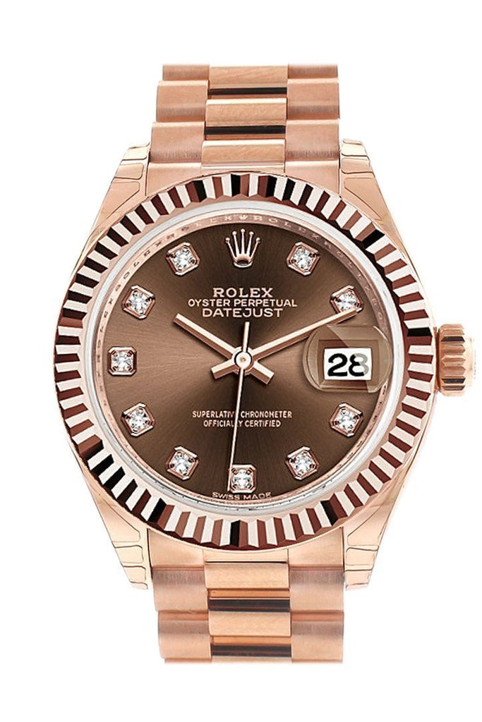 Rolex Datejust 28 Chocolate Diamond Fluted Bezel Dial Rose Gold President Ladies Watch 279175 / None