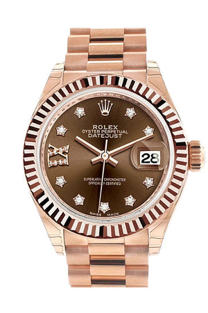 Rolex Datejust 28 Chocolate 9 Diamonds Set In Star Dial Fluted Bezel Rose Gold President Ladies