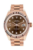 Rolex Datejust 28 Chocolate 9 Diamonds Set In Star Dial Fluted Bezel Rose Gold President Ladies