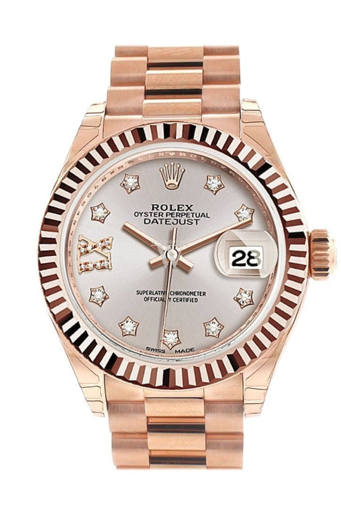 Rolex Datejust 28 Sundust 9 Diamonds Set In Star Dial Fluted Bezel Rose Gold President Ladies Watch