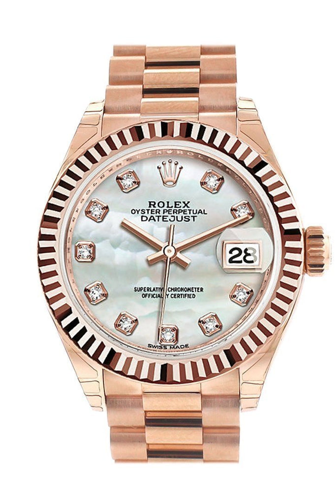 Rolex Datejust 28 Mother Of Pearl Diamond Dial Fluted Bezel Rose Gold President Ladies Watch 279175