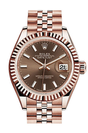 Rolex Datejust 28 Chocolate Dial Fluted Bezel Rose Gold Jubilee Ladies Watch 279175