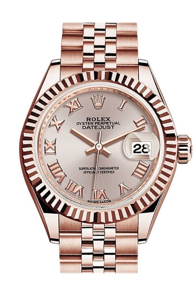 Rolex Datejust 28 Sundust Roman Dial Fluted Bezel Rose Gold Jubilee Ladies Watch 279175 / None