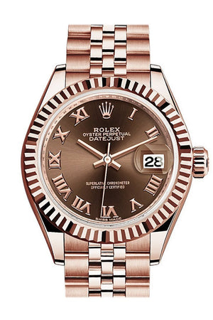 Rolex Datejust 28 Chocolate Roman Dial Fluted Bezel Rose Gold Jubilee Ladies Watch 279175 / None