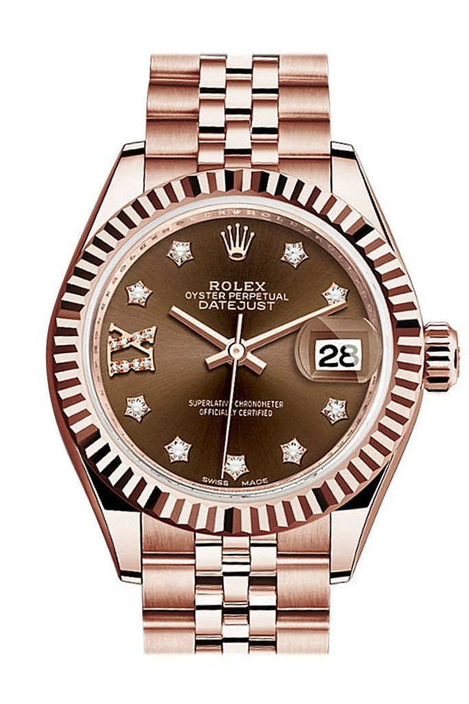 Rolex Datejust 28 Chocolate Dial Fluted Bezel Rose Gold Jubilee Ladies Watch 279175 / None