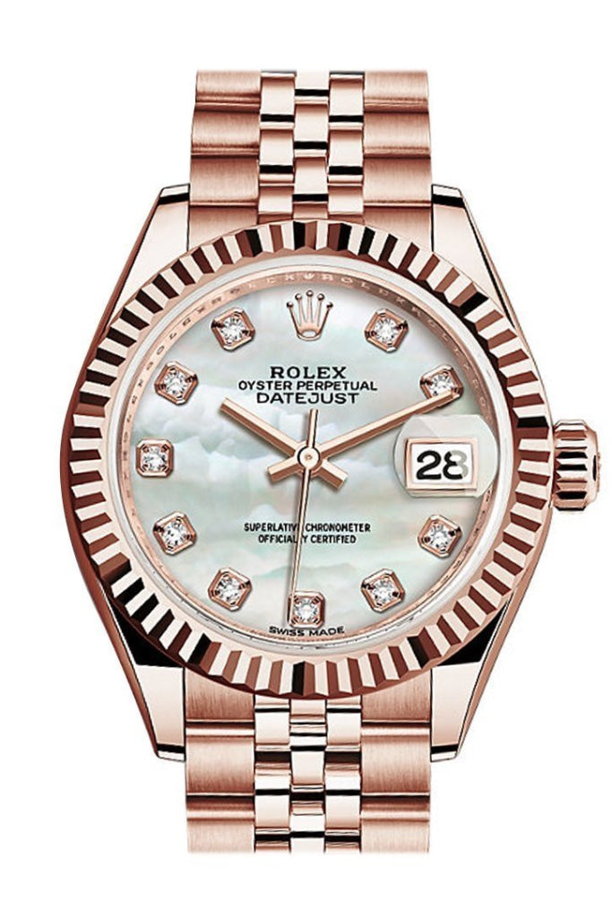 Rolex Datejust 28 Mother Of Pearl Diamond Dial Fluted Bezel Rose Gold Jubilee Ladies Watch 279175 /