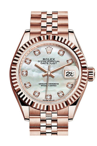 Rolex Datejust 28 Mother Of Pearl Diamond Dial Fluted Bezel Rose Gold Jubilee Ladies Watch 279175 /