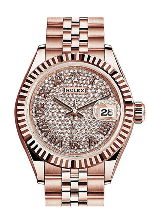 Rolex Datejust 28 Pave Diamond Dial Fluted Bezel Rose Gold Jubilee Ladies Watch 279165 / None