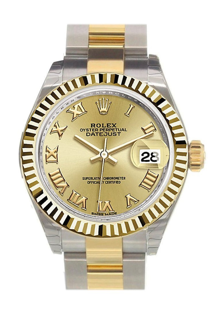Rolex Datejust 28 Champagne Roman Dial Fluted Yellow Gold Two Tone Ladies Watch 279173