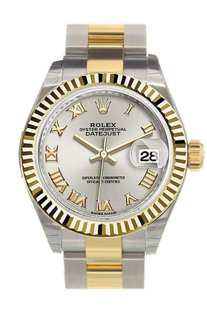 Rolex Datejust 28 Silver Roman Dial Fluted Yellow Gold Two Tone Ladies Watch 279173