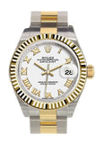 Rolex Datejust 28 White Roman Dial Fluted Yellow Gold Two Tone Ladies Watch 279173