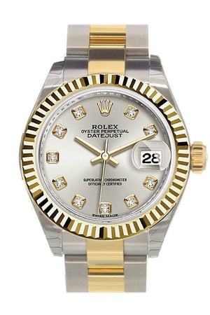 Rolex Datejust 28 Silver Diamond Dial Fluted Yellow Gold Two Tone Ladies Watch 279173
