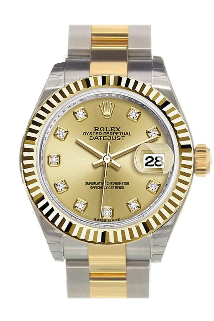 Rolex Datejust 28 Champagne Diamond Dial Fluted Yellow Gold Two Tone Ladies Watch 279173