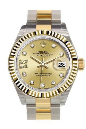 Rolex Datejust 28 Champagne 9 Diamonds Set In Star Dial Fluted Yellow Gold Two Tone Ladies Watch