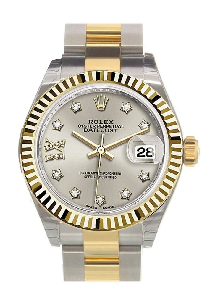 Rolex Datejust 28 Silver 9 Diamonds Set In Star Dial Fluted Yellow Gold Two Tone Ladies Watch 279173