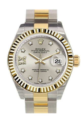 Rolex Datejust 28 Silver 9 Diamonds Set In Star Dial Fluted Yellow Gold Two Tone Ladies Watch 279173