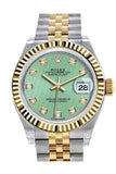 Rolex Datejust 28 Mint Green Diamond Dial Fluted Yellow Gold Two Tone Jubilee Ladies Watch 279173 /