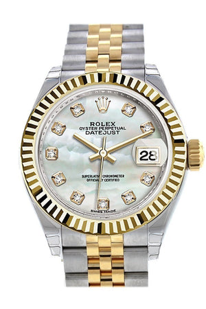 Rolex Datejust 28 Mother Of Pearl Diamond Dial Fluted Yellow Gold Two Tone Jubilee Ladies Watch