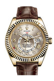 Rolex Sky Dweller Silver Dial 18k Yellow Gold Brown Leather Strap Men's Watch 326138