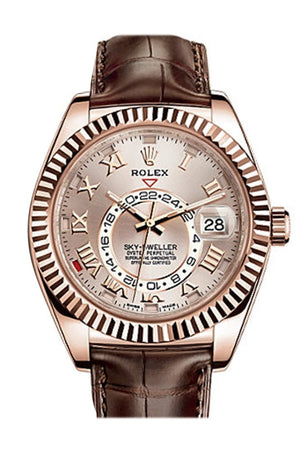 Rolex Sky Dweller Sundust Dial 18K Rose Gold Brown Leather Strap Mens Watch 326135