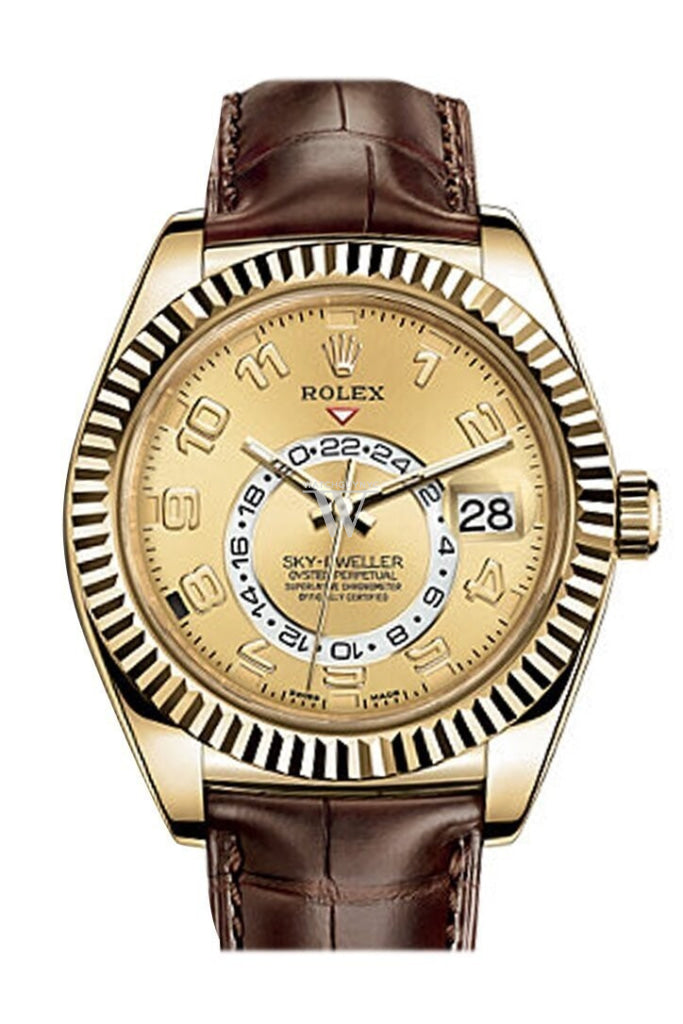 Rolex Sky Dweller Champagne Dial 18K Yellow Gold Brown Leather Strap Mens Watch 326138
