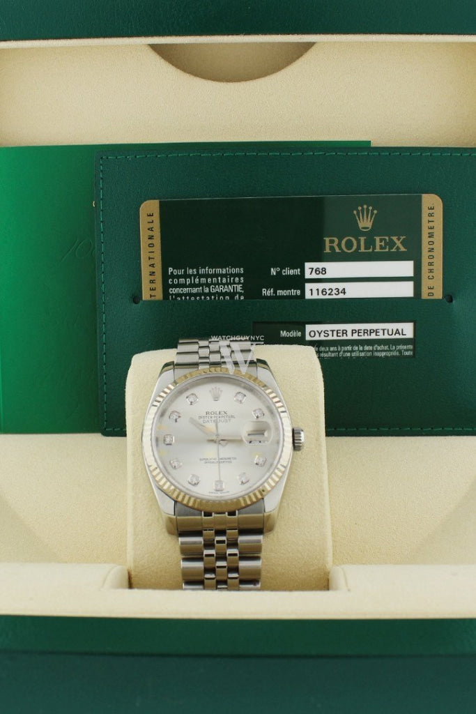 Rolex Datejust 36 Silver Diamond Dial 18K White Gold Bezel Watches 116234 Pre-Owned-Watches