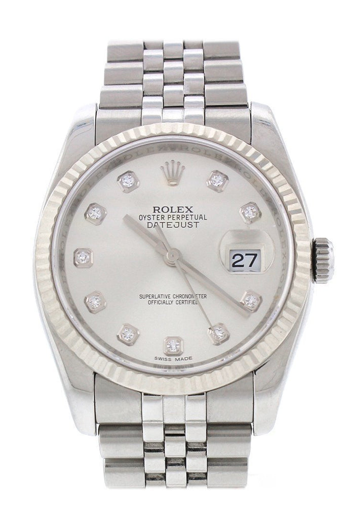 Rolex Datejust 36 Silver Diamond Dial 18K White Gold Bezel Watches 116234 / None Pre-Owned-Watches