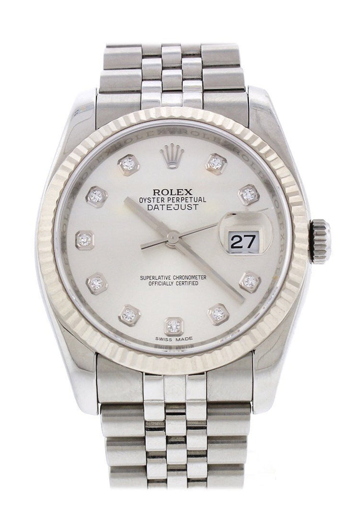 Rolex Datejust 36 Silver Diamond Dial 18K White Gold Bezel Watches 116234 Pre-Owned-Watches