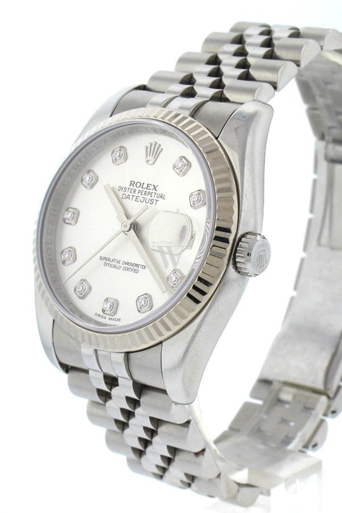 Rolex Datejust 36 Silver Diamond Dial 18K White Gold Bezel Watches 116234 Pre-Owned-Watches
