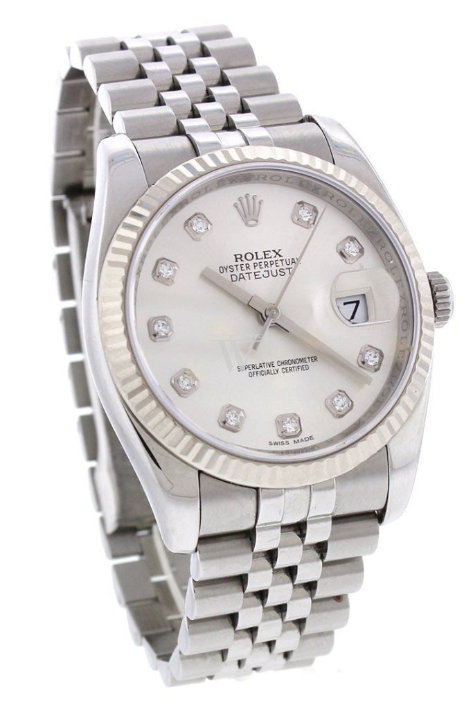 Rolex Datejust 36 Silver Diamond Dial 18K White Gold Bezel Watches 116234 Pre-Owned-Watches