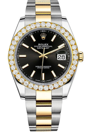 Rolex Custom Diamond Bezel Datejust 41Mm Black Dial Two Tone Oyster Mens Watch 126333 / Si None