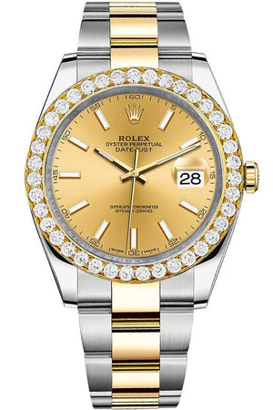 Rolex Custom Diamond Bezel Datejust 41Mm Champagne Dial Two Tone Oyster Mens Watch 126333 / Si None