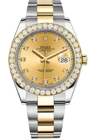 Rolex Custom Diamond Bezel Datejust 41Mm Champagne Set With Dial Two Tone Oyster Mens Watch 126333 /