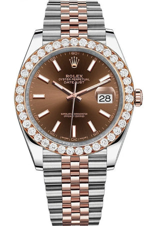 Rolex Custom Diamond Bezel Datejust 41Mm Chocolate Dial Two Tone Rose Gold Jubilee Mens Watch 126331