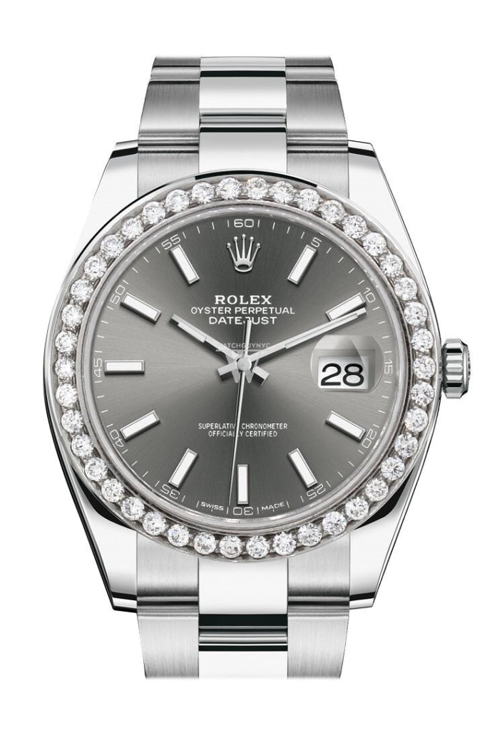 Rolex Custom Diamond Bezel Datejust 41 Dark Rhodium Dial Steel Men 126300 WatchGuyNYC