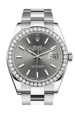 Rolex Custom Diamond Bezel Datejust 41 Dark Rhodium Dial Steel Men 126300 WatchGuyNYC