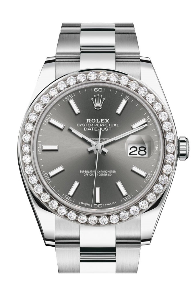 Rolex Custom Diamond Bezel Datejust 41 Dark Rhodium Steel Men 126300 WatchGuyNYC