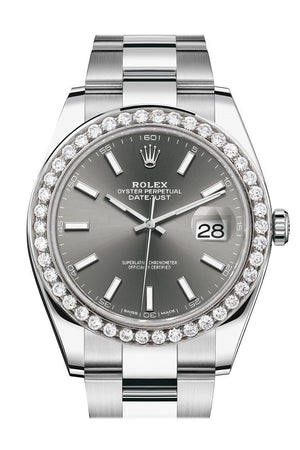Rolex Custom Diamond Bezel Datejust 41Mm Dark Rhodium Dial Jubilee Oyster Mens Watch 126300 / Si